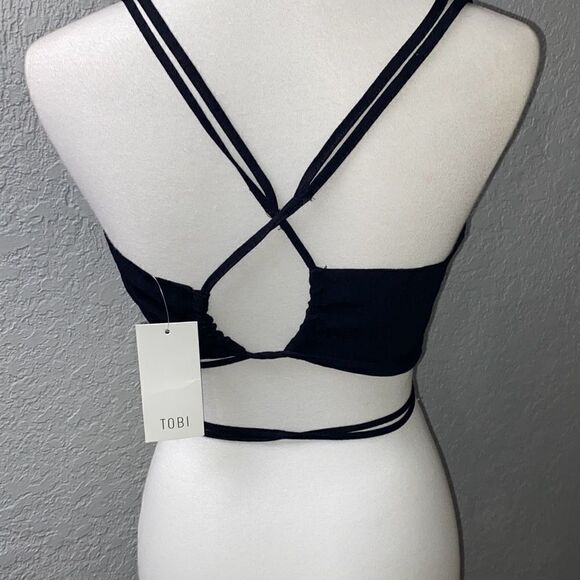 NWT TOBI black lace up sexy tie tassel shirt/top criss cross Sz L - Picture 3 of 7